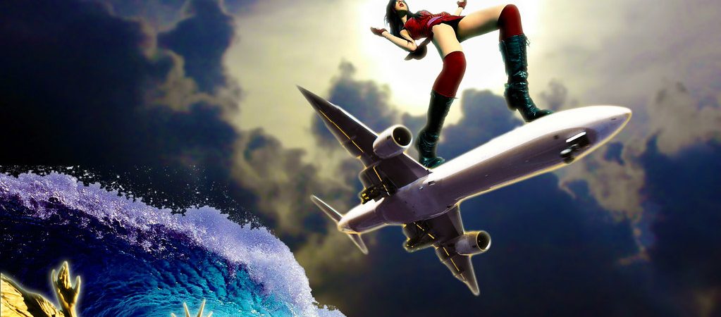 A surreal scene depicting a woman standing on an airplane amidst dramatic clouds and waves.