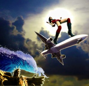 A surreal scene depicting a woman standing on an airplane amidst dramatic clouds and waves.
