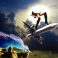 A surreal scene depicting a woman standing on an airplane amidst dramatic clouds and waves.