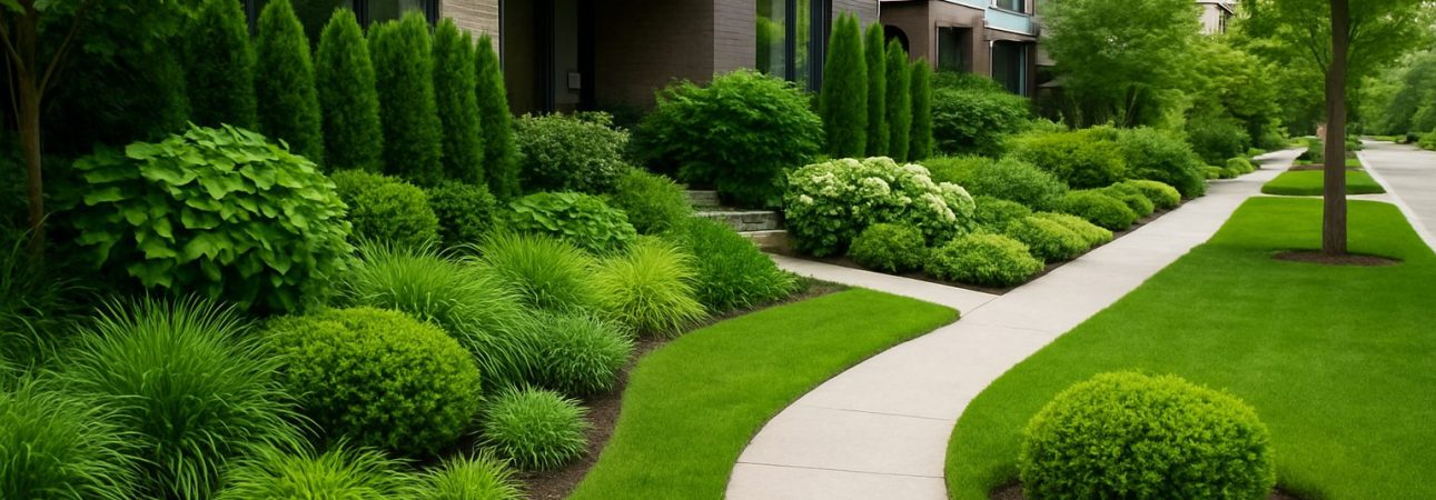 Lush landscape design featuring greenery and well-maintained shrubs along a pathway