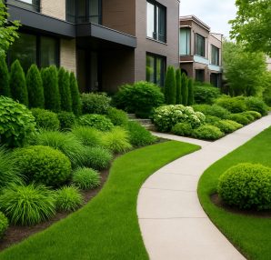 Lush landscape design featuring greenery and well-maintained shrubs along a pathway