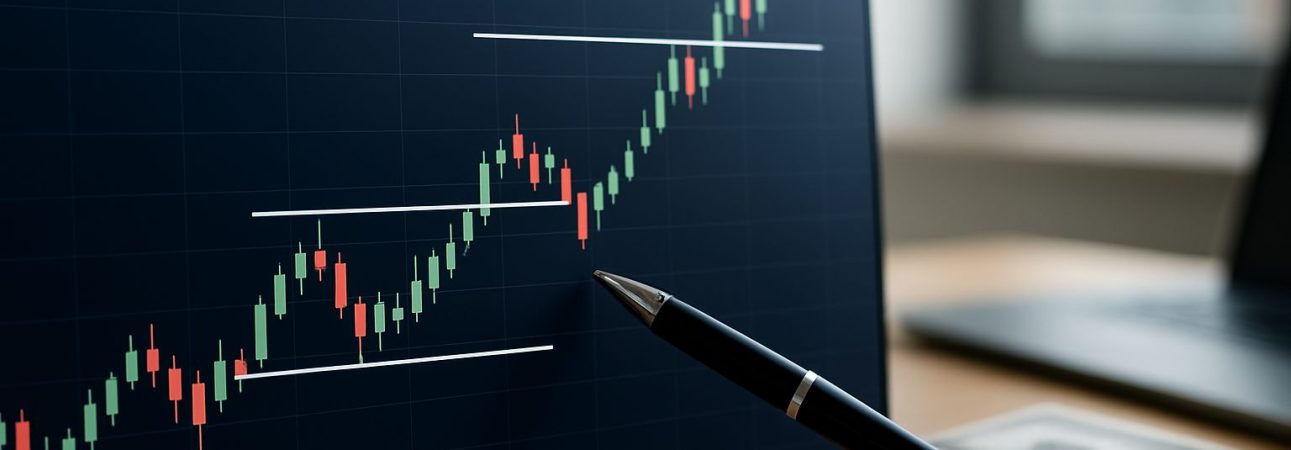 Close-up of a trading chart on a screen with highlighted support and resistance levels and a pen pointing at the chart.