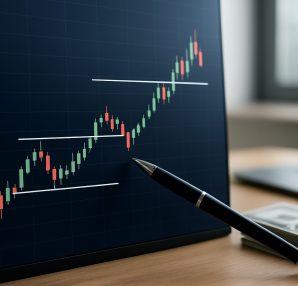 Close-up of a trading chart on a screen with highlighted support and resistance levels and a pen pointing at the chart.